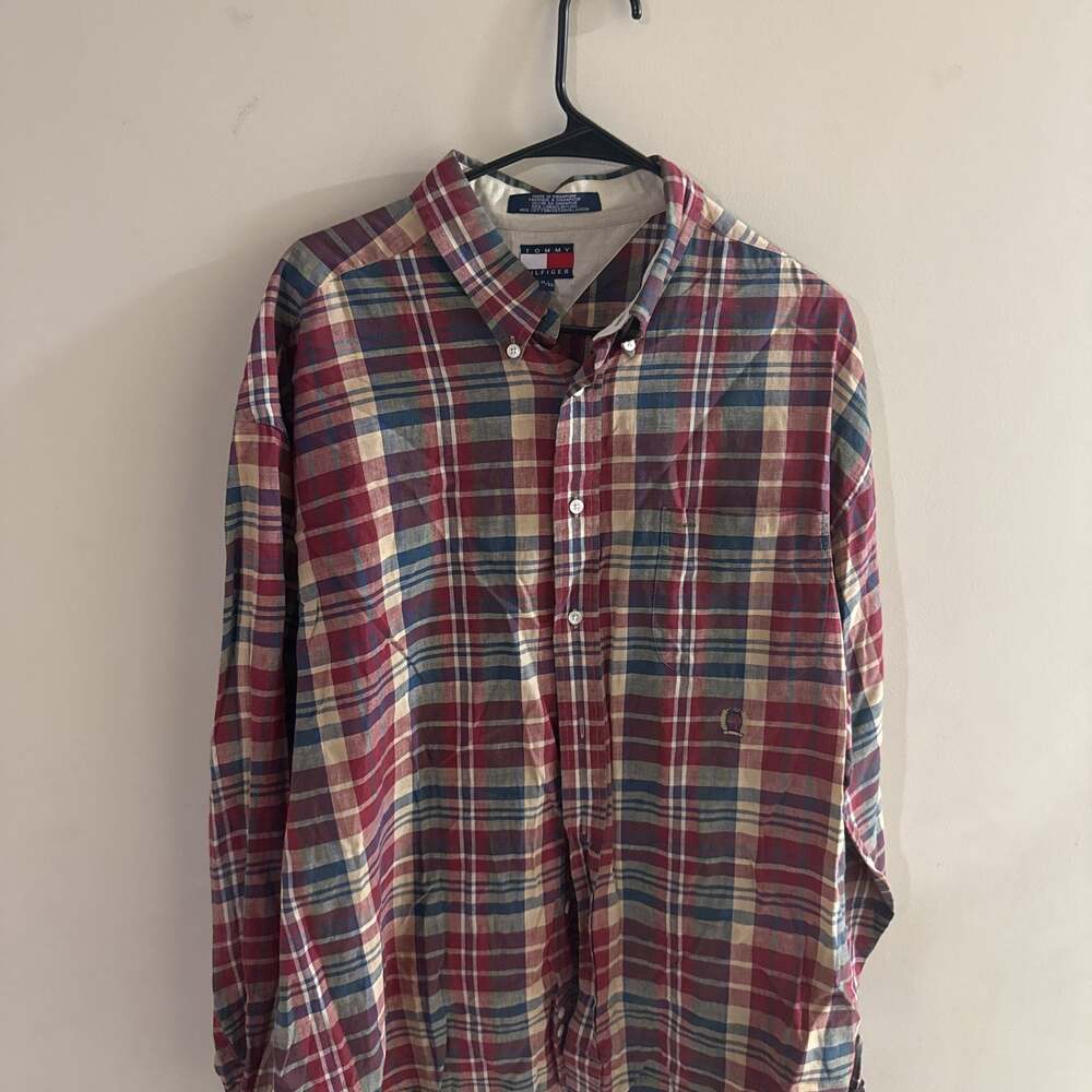 Vintage Tommy Hilfiger Plaid Button-Down Shirt - Red, Blue, Beige - Men's XL